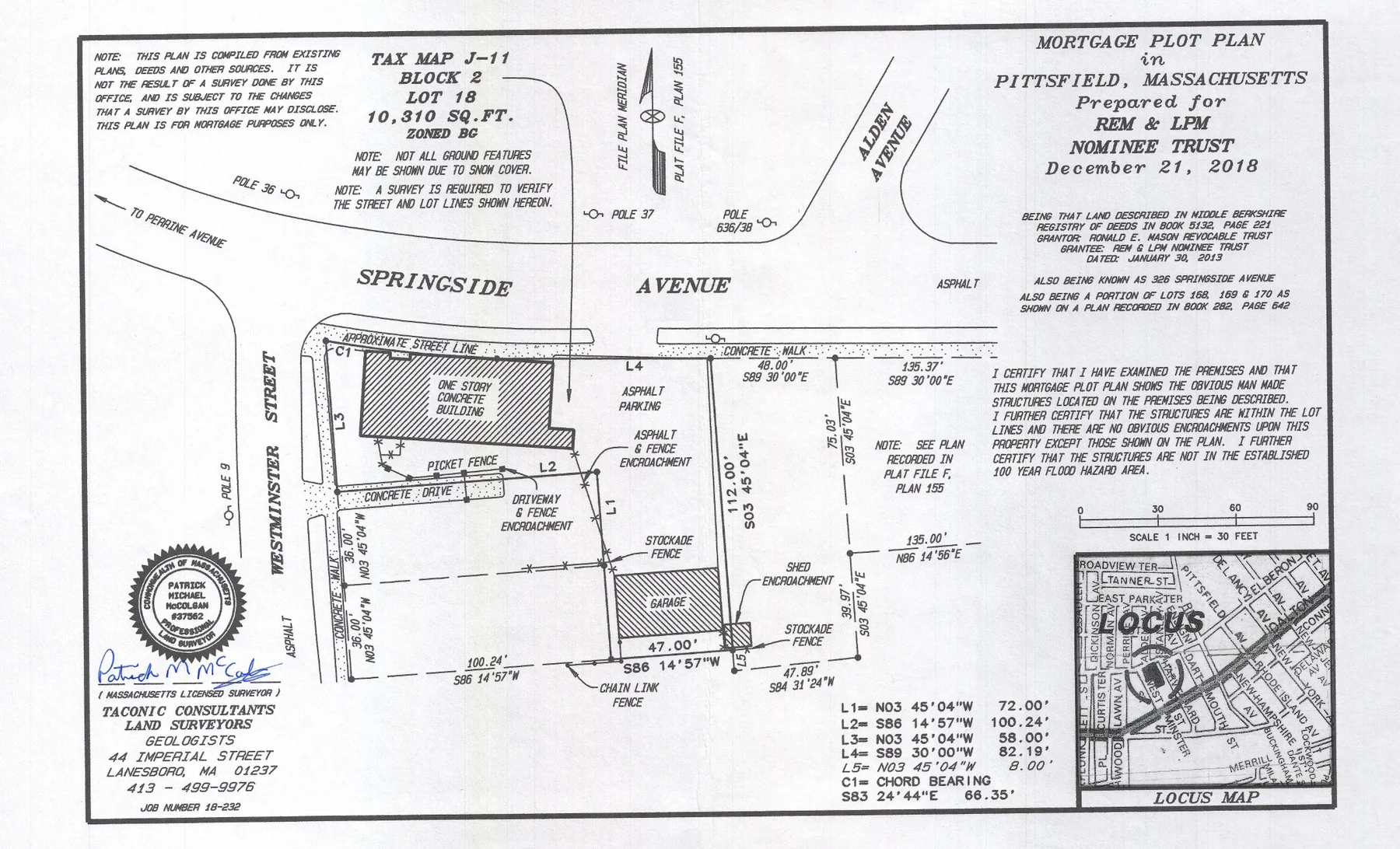 2018 mortgage plot plan for 326 Springside Avenue, showing the building, garage, drive, parking area, and lot lines